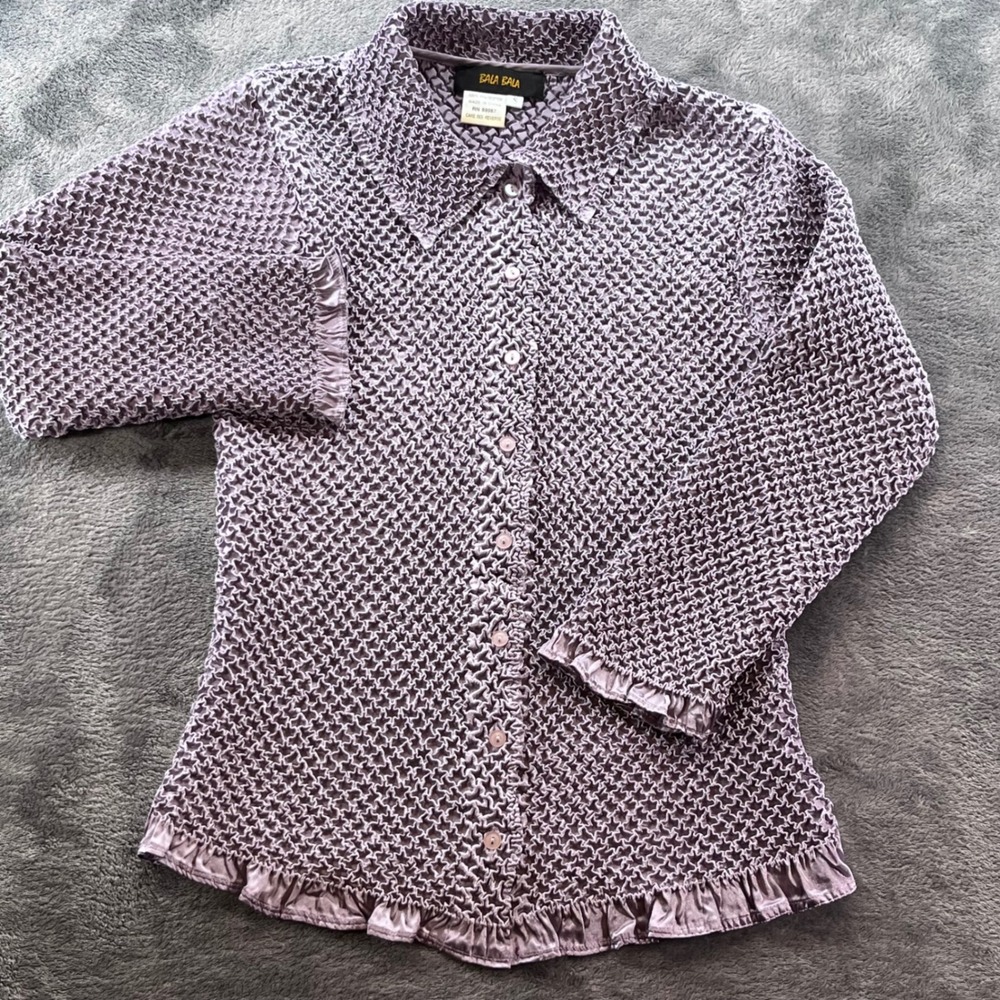 Bala Bala Purple Popcorn Shirt Women Small Crinkle Ruffle Trim Button Down Y2K